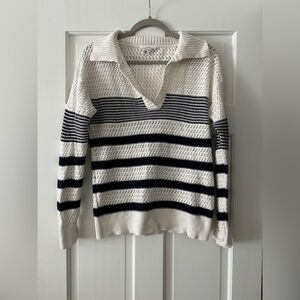 For the Republic Striped Open Knit Collared Long Sleeve Pullover Sweater